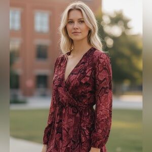 Oasis High Low Red Snake-Print Midi Dress with V-Neck